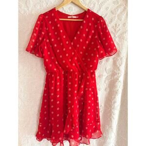 RED POLKA DOT DRESS Size Large Retro Twee Lined Flutter Sleeves